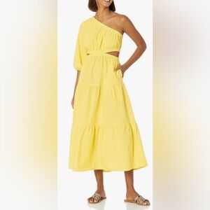 The Drop Women’s XL April One-Shoulder Cut-Out Tiered Midi Dress Lemon Yellow